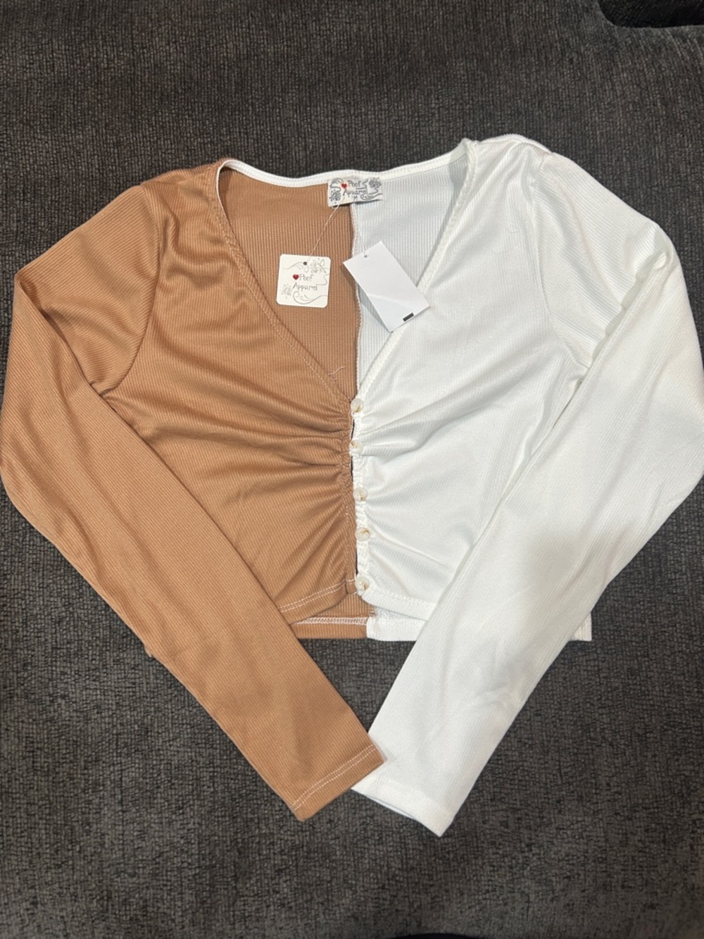 Asymmetrical Wrap Long Sleeve Top in White & Camel